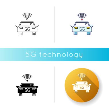 5G akıllı araba ikonu. Kendi kendine giden bir araç. Otomatik sürüş. Sürücüsüz otomobil. Kablosuz teknoloji. Lineer siyah ve Rgb renk tarzları. İzole vektör çizimleri