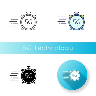 5 G hızlı bağlantı simgesi. Yüksek performans. Cep telefonu şebekesi. Hızlı veri iletimi. Kablosuz teknoloji. Lineer siyah ve Rgb renk tarzları. İzole vektör çizimleri