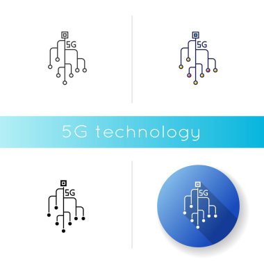 5G çip simgesi. Mikroçip, mikro devre. Cep telefonu şebekesi. Kablosuz teknoloji. Hızlı bağlantı. Lineer siyah ve Rgb renk tarzları. İzole vektör çizimleri