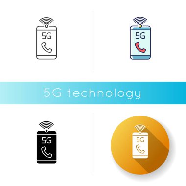 5G mobil ağ simgesi. Telefon görüşmeleri ve sesli mesajlar için standartların yükseltilmesi. İletişim. Kablosuz teknoloji. Lineer siyah ve Rgb renk tarzları. İzole vektör çizimleri