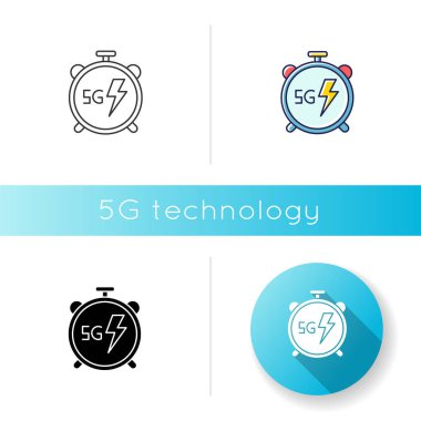 5G kronometre simgesi. Yüksek performans. Düşük gecikme bağlantısı. Cep telefonu şebekesi. Hızlı veri iletimi. Kablosuz teknoloji. Lineer siyah ve Rgb renk tarzları. İzole vektör çizimleri
