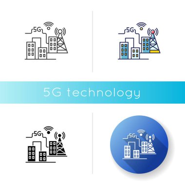 5G akıllı şehir simgesi. Gelişmiş şehir altyapısı. Cep telefonu şebekesi kapsama alanı. Kablosuz teknoloji. Lineer siyah ve Rgb renk tarzları. İzole vektör çizimleri