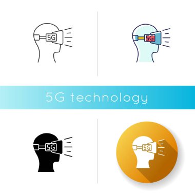 VR kulaklık simgesi. Sanal gerçeklik gözlükleri. 5g cep telefonu şebekesi. Kablosuz teknoloji. Oyun oynuyordum. Eğlence. Lineer siyah ve Rgb renk tarzları. İzole vektör çizimleri