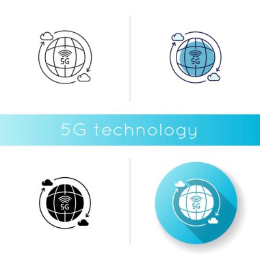 5G kablosuz teknoloji ikonu. Küresel standart Bulut hesaplama. Cep telefonu şebekesi kapsama alanı. Lineer siyah ve Rgb renk tarzları. İzole vektör çizimleri