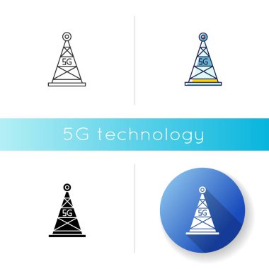 5G baz istasyonu simgesi. Anten sinyali. Kablosuz teknoloji. Hızlı bağlantı. Cep telefonu şebekesi kapsama alanı. Lineer siyah ve Rgb renk tarzları. İzole vektör çizimleri