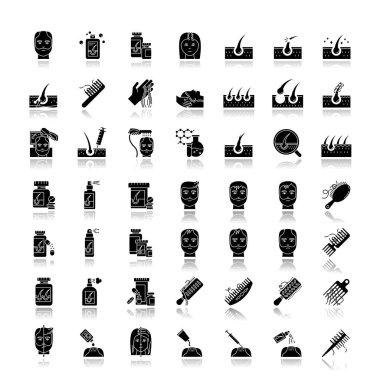 Saç kaybı gölge siyah kabartma simgeleri ayarlandı. Kellik ve saç dökülmesi tedavisi. Saç dökülmesi için lazer tedavisi. Kadın ve erkek saç inceltici sorun giderici. Beyaz uzayda izole vektör çizimleri