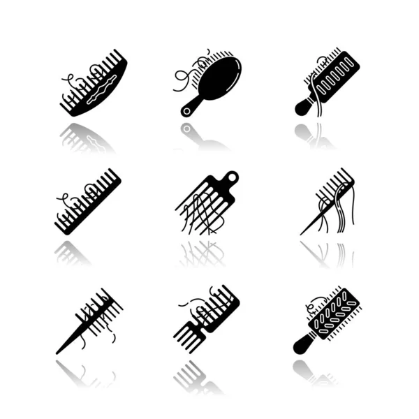 Hair Loss Drop Shadow Black Glyph Icons Set Comb Hair — Stock Vector