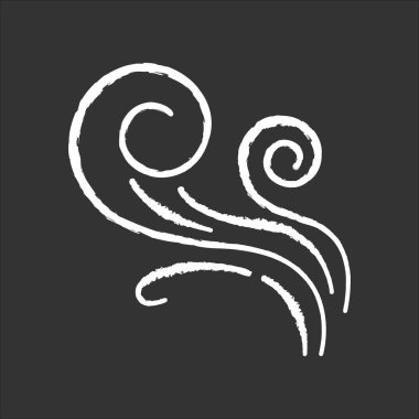 Siyah arkaplanda rüzgar girdabı beyaz tebeşir simgesi. Soğuk temiz hava girdabı. Kasırga. Güzel koku, buharlaşma. Aromatik bir koku. Rüzgar spiralleri, duman. İzole edilmiş vektör karatahta çizimi