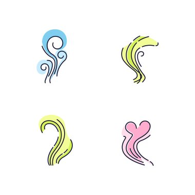 Good and bad smell RGB color icons set. Stinky odor. Heart shape fluid, perfume scent. Stench, smog. Aromatic fragrance curves. Smoke stream, fume swirls. Isolated vector illustrations clipart