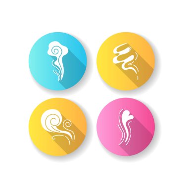 Odor düz tasarım uzun gölge sembolleri ayarlandı. Güzel koku. Rüzgar girdabı, hoş bir parfüm kokusu. Aromatik koku kalp şeklinde akıyor. Duman üfleme, buhar bukleleri. Siluet Rgb renk çizimi