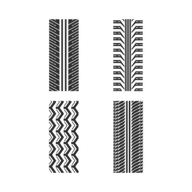 Lastik desenleri, beyaz uzaya dizilmiş siyah kabartma sembolleri. Detaylı otomobil, motosiklet, bisiklet lastiği izleri. Araba yaz ve kış tekerleği izleri. Lastik izleri. Siluet sembolleri. Vektör izole illüstrasyonu