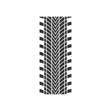 Lastik izi siyah kabartma simgesi. Detaylı otomobil yönlü lastik izleri. Kalın oluklu araba tekerleği izleri. Araç sokağı lastik izleri. Beyaz uzayda siluet sembolü. Vektör izole illüstrasyonu