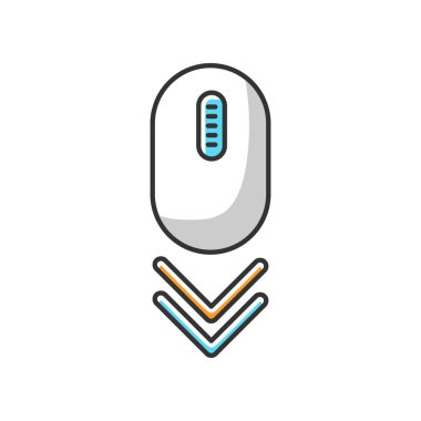 Fare beyazı RGB renk simgesini aşağı kaydır. İnternet sayfasında çift ok aranıyor. Düğmeleri ve tekerleği olan modern bilgisayar ekipmanları. Web sitesi işaretçisi. Web imleci. Bilgisayar faresi. İzole vektör illüstrasyonu