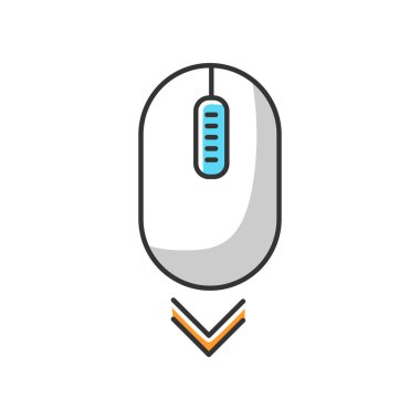 Fare beyazı RGB renk simgesini aşağı kaydır. İnternet sayfası tarama ve kaydırma. Aşağıya bakan web imleci. Web sitesi işaretçisi. Düğmeleri ve tekerleği olan bilgisayar faresi. İzole vektör illüstrasyonu