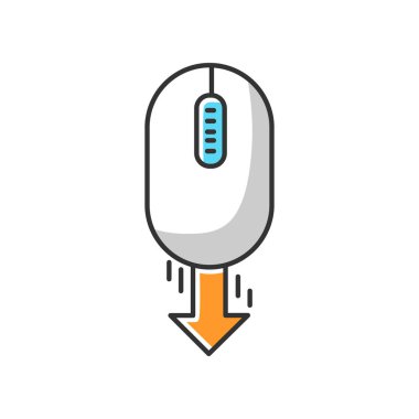 Fare ve aşağı ok beyaz RGB renk simgesi. Web sayfası aşağı kayıyor. İmleç yönü gösteriyor. Düğmeleri ve tekerleği olan bilgisayar faresi. Web sitesi işaretçisi, arayüz düğmesi. İzole vektör illüstrasyonu