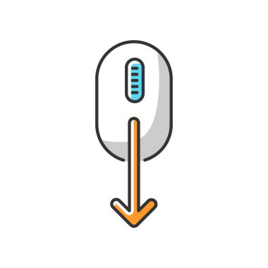 Fare ve aşağı ok beyaz RGB renk simgesi. Web sayfası aşağı kaydırma göstergesi. İmleç yönü. Hareket eden ok başlı bilgisayar faresi. Web sitesi işaretleyici, uygulama arayüzü düğmesi. İzole vektör illüstrasyonu