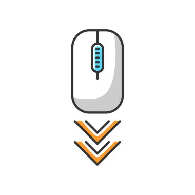 Kaydırma fare beyaz RGB renk simgesi. İnternet sayfası tarama hareketi, aşağı ok başı göstergesi. Bilgisayar faresi ve çift ok. Modern bilgisayar elemanı. Web imleci. İzole vektör illüstrasyonu