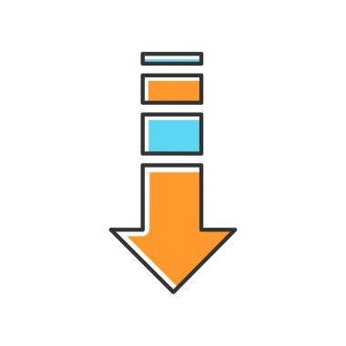 Aşağı ok turuncu ve mavi RGB renk simgesi. İnternet sayfası taraması, web sitesi işaretleyici. Yön göstergesi. İndirme işlemi, web imleci. Kaydırma düğmesi. İzole vektör illüstrasyonu