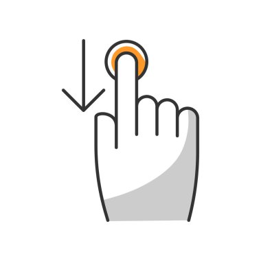 Parmak aşağı kaydırma beyaz RGB renk simgesi. Akıllı telefon dokunmatik ekranı için kaydırma hareketi. El ve aşağı ok düğmesi. Web sitesi işaretçisi. Bilgisayar imleci. İzole vektör illüstrasyonu