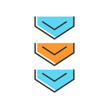 Oklar aşağı kaydırılıyor mavi ve turuncu RGB renk simgesi. Aşağı doğru üç ok başı. Web sayfası için süreç göstergesi indiriliyor. Kaydırma ağ imleci. İzole vektör illüstrasyonu