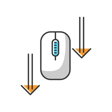 Fare beyazı RGB renk simgesini aşağı kaydır. İnternet sayfası oklara bakıyor. Kaydırma jest göstergesi. Web sitesi işaretçisi. Web imleci. Bilgisayar faresi ve ok başları. İzole vektör illüstrasyonu