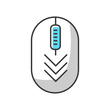 Okları indiren bilgisayar faresi beyaz RGB renk simgesi. Kaydırma jest göstergesi. Üç ok başlıklı bilgisayar elemanı. Web sitesi işaretçisi. Web imleci. İzole vektör illüstrasyonu