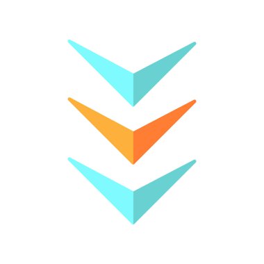 Üç tane düz ok çizgi film RGB renk ikonu. Sayfa tarama dikey yönü, işaretleyici indir. Web sitesi işaretçisi. Kaydırma imleci, sonraki düğme, gösterge. Vektör silueti çizimi