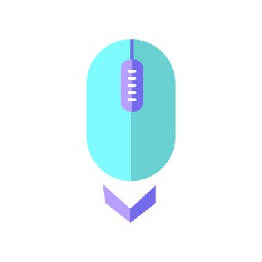 Fare düz tasarım karikatür RGB renk simgesini aşağı kaydır. İnternet sayfası tarama ve kaydırma. Aşağıya bakan web imleci. Düğmeleri ve tekerleği olan bilgisayar faresi. Vektör silueti çizimi