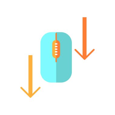 Fare düz tasarım karikatür RGB renk simgesini aşağı kaydır. İnternet sayfası oklara bakıyor. Kaydırma jest göstergesi. Web sitesi işaretçisi. Web imleci. Bilgisayar faresi ve ok başları. Vektör silueti çizimi