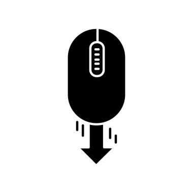 Fare ve aşağı ok siyah sembol. Web sayfası aşağı kayıyor. İmleç yönü gösteriyor. Web sitesi işaretçisi, arayüz düğmesi. Beyaz uzayda siluet sembolü. Vektör izole illüstrasyonu