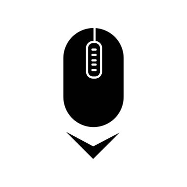 Kaydıran fare siyah kabartma simgesi. Aşağı ok başı göstergesi. İnternet sayfası tarama imleci. Modern bilgisayar elemanı. Web sitesi işaretçisi. Beyaz uzayda siluet sembolü. Vektör izole illüstrasyonu