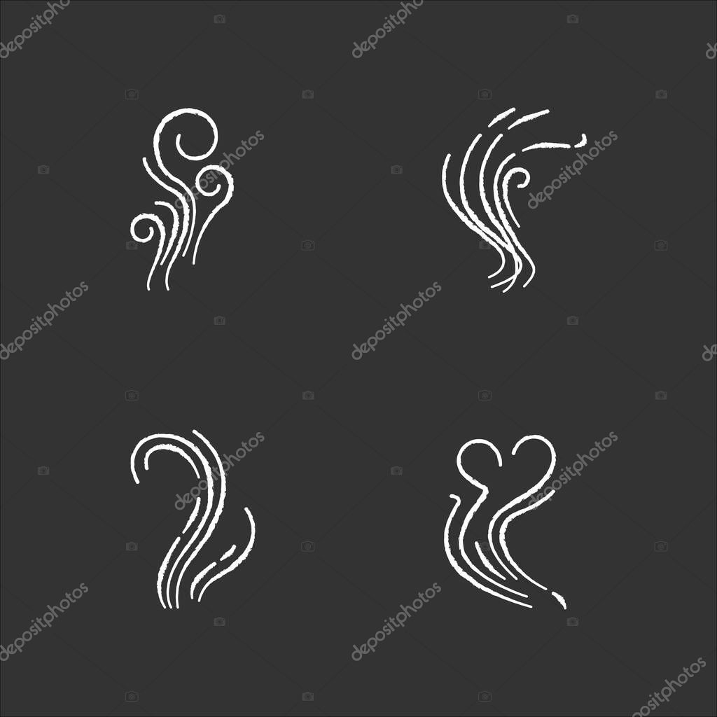 Good and bad smell chalk white icons set on black background. Stinky odor. Heart shape fluid, perfume scent. Stench, smog. Smoke stream, fume swirls. Isolated vector chalkboard illustrations
