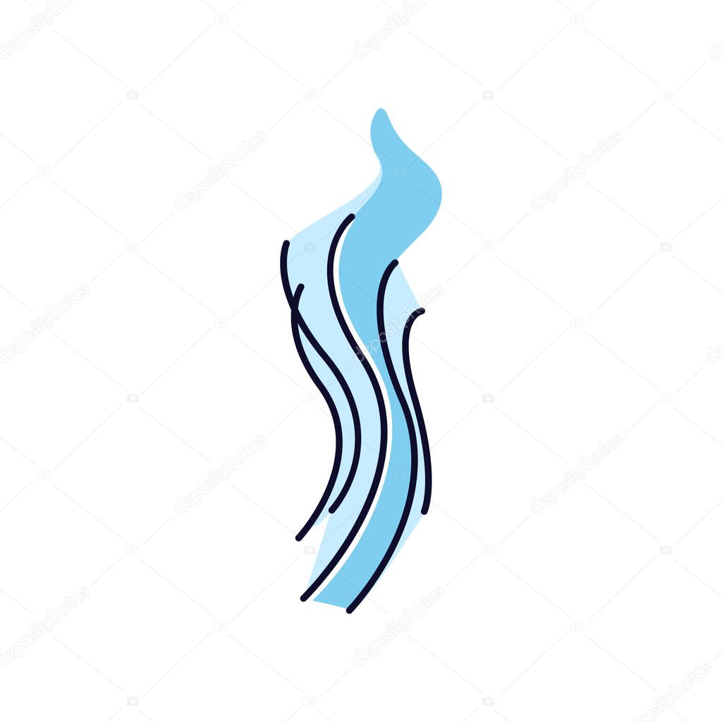 Wind swirl blue RGB color icon. Cold fresh air. Whirlwind. Good smell, evaporation. Aromatic fragrance. Smoke puff, steam, breeze. Blowing wind spirals. Isolated vector illustration
