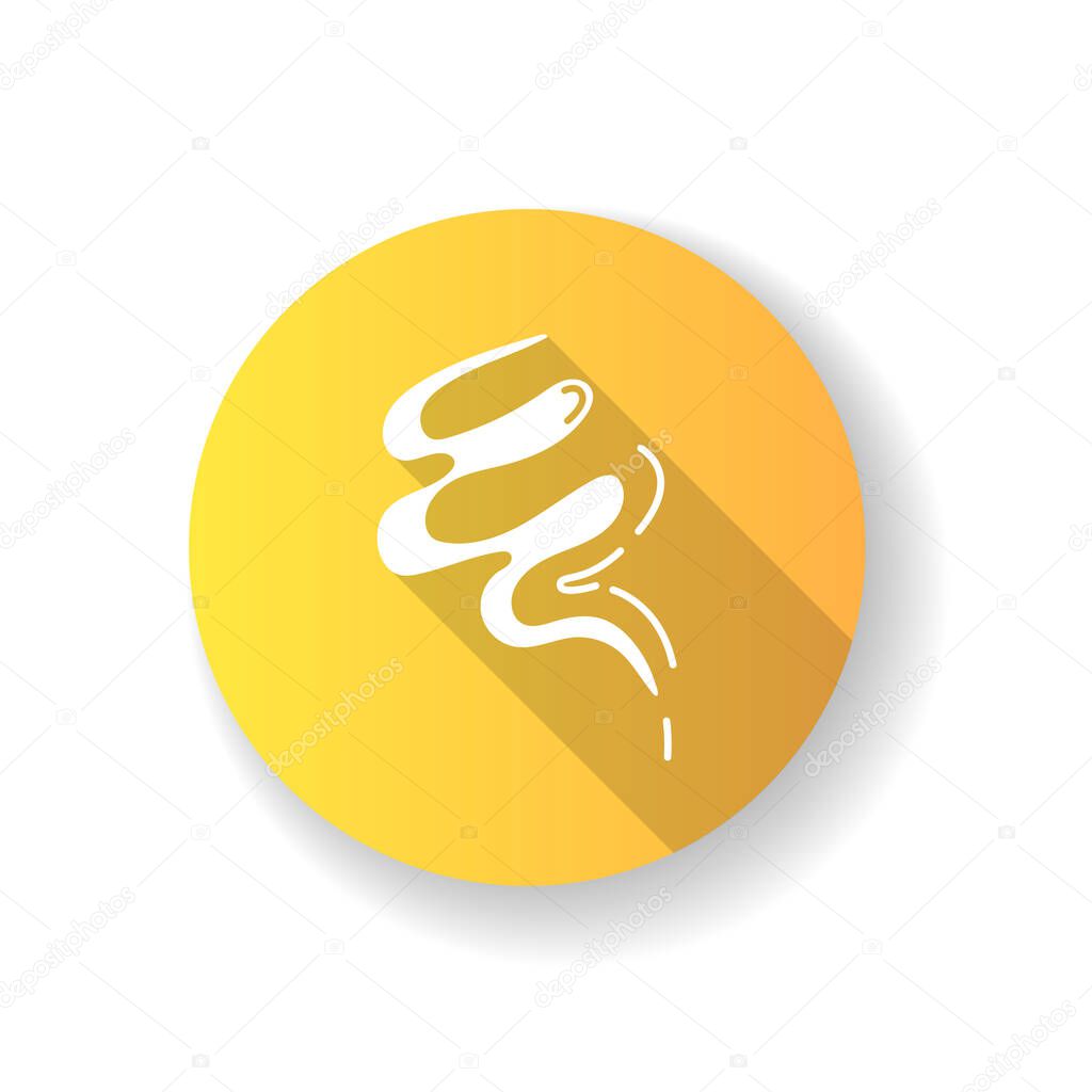 Wind blow yellow flat design long shadow glyph icon. Cold fresh air swirl. Aromatic fragrance, vapour. Smoke puff, steam, breeze. Blowing wind spirals. Silhouette RGB color illustration