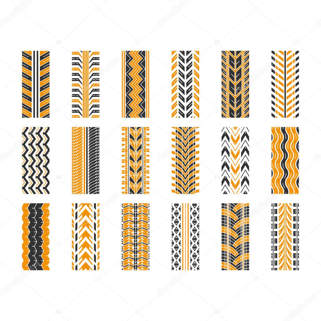Tire tread black and yellow RGB color icons set. Detailed automobile, motorcycle, bike tyre marks. Car summer and winter wheel trace. Tire trail. Isolated vector illustrations on white background