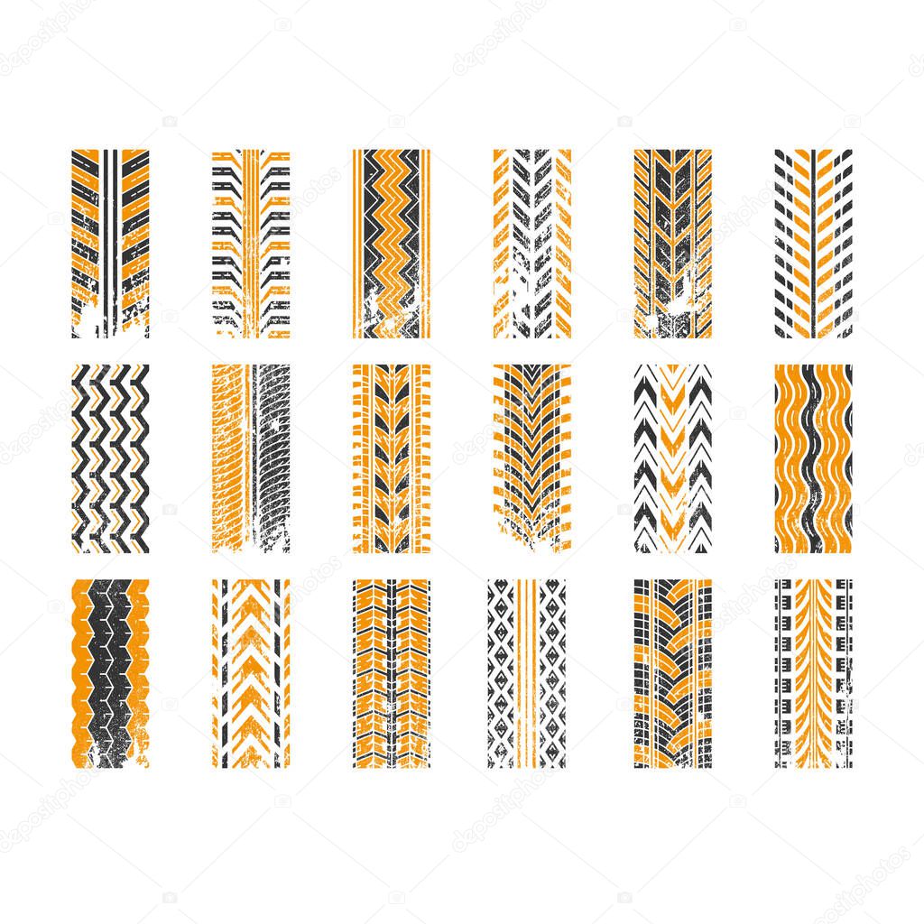 Track tread black and yellow RGB color icons set. Detailed automobile, motorcycle tyre marks. Car summer and winter wheel trace. Tire trail in grunge style. Isolated vector illustrations on white