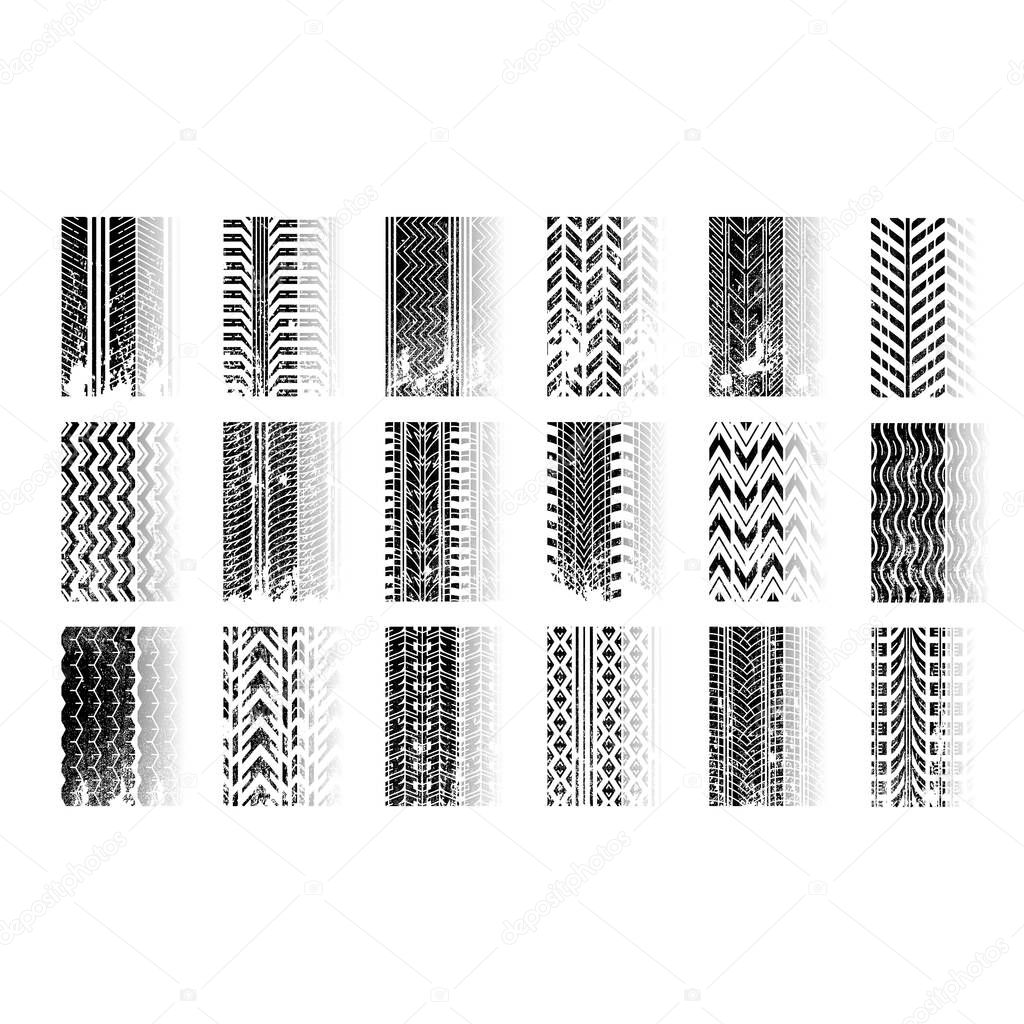 Track tread drop shadow black glyph icons set. Detailed automobile, motorcycle tyre marks. Car summer and winter wheel trace. Tire trail in grunge style. Isolated vector illustrations on white space