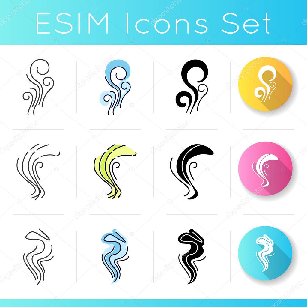 Smell icons set. Good and bad scent. Fluid odor, perfume scent. Stinky stench. Aromatic fragrance curves. Smoke stream, fume swirls. Linear, black and RGB color styles. Isolated vector illustrations