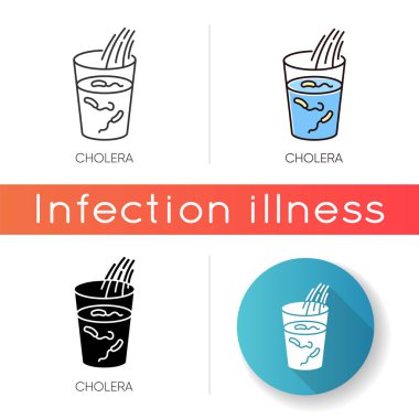 Kolera ikonu. Lineer siyah ve RGB renk stilleri. Endemik bakteriyel enfeksiyon, bulaşıcı hastalık. Sağlık ve ilaç servisi. Kirli, kirlenmiş içme suyu içeren bardak izole edilmiş vektör çizimleri.