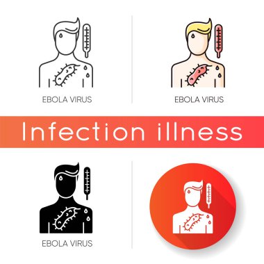 Ebola virüsü ikonu. Lineer siyah ve RGB renk stilleri. Tehlikeli viral hastalıklar, ölümcül bulaşıcı hastalıklar, ölümcül hastalıklar. Tıbbi teşhis. EVD belirtileri olan biri. İzole vektör çizimleri