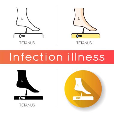 Tetanos ikonu. Lineer siyah ve RGB renk stilleri. Bulaşıcı hastalık, bakteriyel enfeksiyon. Clostridium tetani bakteri koruması. İnsan ayağı ve paslı çivi izole vektör çizimleri