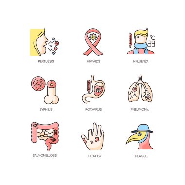 Bulaşıcı hastalıklar RGB renk simgeleri ayarlandı. Çeşitli bakteriyel enfeksiyonlar ve bulaşıcı hastalıklar. Tıbbi teşhis, virüs bilimi. Çeşitli bakteriyel patojenler izole edilmiş vektör çizimleri