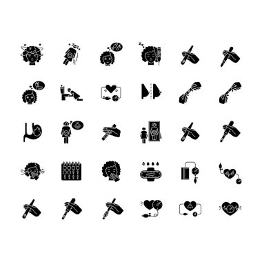 Erken hamilelik semptomları siyah kabartma sembolleri beyaz uzaya sabitlenmiş. Hamile bir kadın. Sabah bulantısından midem bulanıyor. Duyarlılık kokusu alıyorum. Göğüs değiştirme. Siluet sembolleri. Vektör izole illüstrasyonu