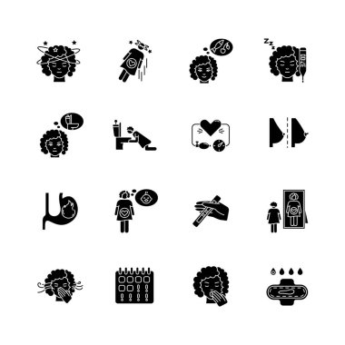 Erken hamilelik semptomları siyah kabartma sembolleri beyaz uzaya sabitlenmiş. Aile planlaması. Annelik ve annelik. Gecikmiş periyot. Genç anne. Sağlık hizmetleri. Siluet sembolleri. Vektör izole illüstrasyonu