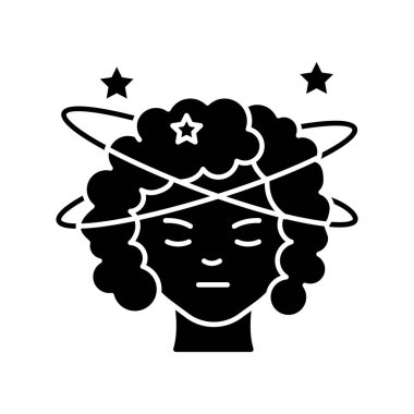 Baş döndürücü siyah kabartma simgesi. Hasta hisseden biri. Sıcaktan kafasına darbe almış. Etrafında dönüyor. Hamileliğin erken belirtileri. Baş dönmesi tecrübesi. Beyaz uzayda siluet sembolü. Vektör izole illüstrasyonu