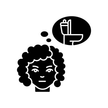 Sık işeme siyah kabartma simgesi. Acilen işemem lazım. Hamileliğin ilk belirtileri. Sistit için umumi tuvalet kullanımı. Beyaz uzayda siluet sembolü. Vektör izole illüstrasyonu