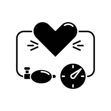 Yüksek tansiyon siyah kabartma simgesi. Atardamar basıncı ölçümü. Tıbbi cihaz. Doktor hastanın kalp atışlarını kontrol et. Kardiyo tedavisi. Beyaz uzayda siluet sembolü. Vektör izole illüstrasyonu