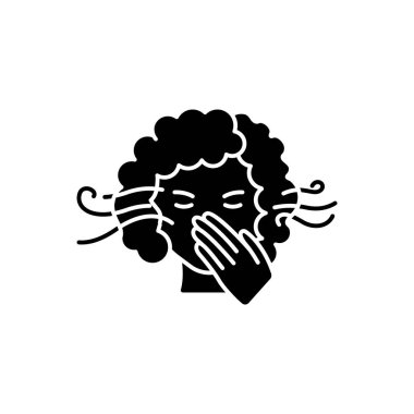 Duyarlılık kokusu siyah kabartma simgesi. Hamileliğin ilk belirtileri. Migren belirtisi. Nefesi kokuyor. Ağzını kapatan kişi. Hijyen ve hijyen. Beyaz uzayda siluet sembolü. Vektör izole illüstrasyonu