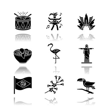 Brezilya kültürü siyah sembol simgeleri yerleştirdi. Geleneksel maskeli balo. Flamingo. İsa heykeli. Karnaval şapkası. Samba. Egzotik kuşlar. Etnik festival. Beyaz uzayda izole vektör çizimleri