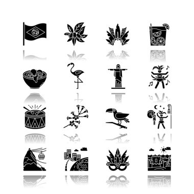 Brezilya karnavalı gölge siyah sembol simgeleri ayarlandı. Sokak partisi. Güney Amerika gelenekleri. Flamingo. İsa heykeli. Sahildeki kumdan kale. Beyaz uzayda izole vektör çizimleri